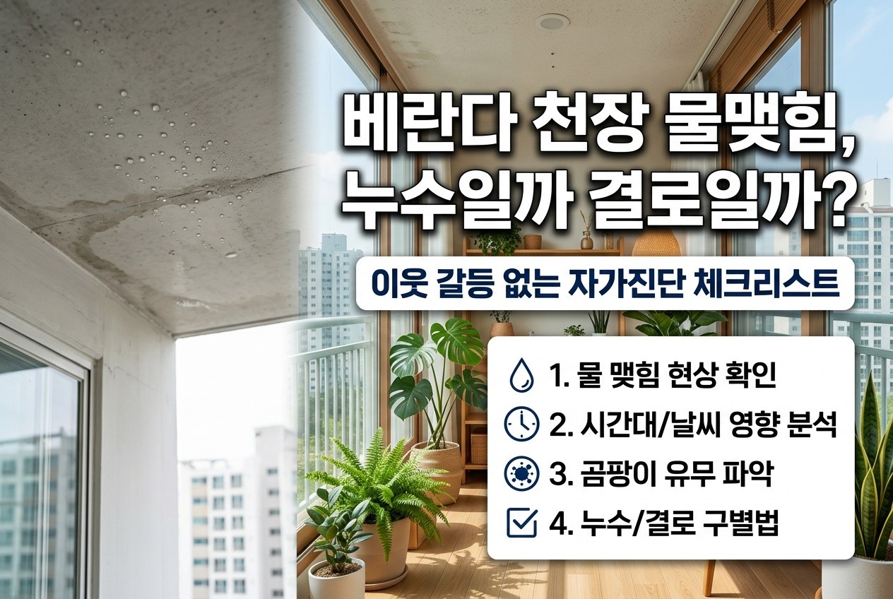 베란다 천장 물맺힘 에어컨 배수 문제일까 윗집 누수일까? 구별하는 3가지 기준