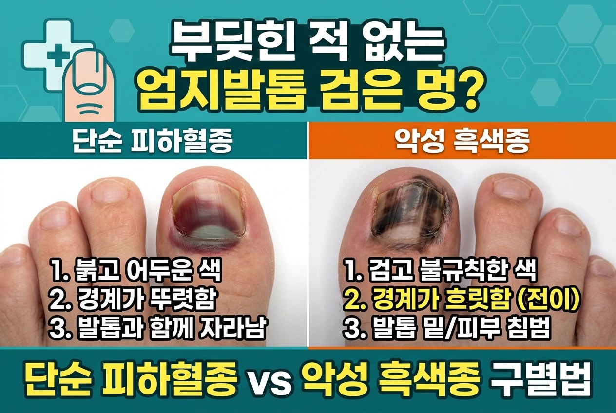엄지발톱 멍 부딪힌 기억 없는데 검붉은 변색? 흑색종 구별하는 자가진단 기준