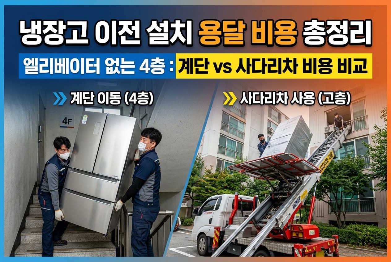 냉장고 이전 설치 용달 비용 엘리베이터 없는 4층 계단과 사다리차 추가 요금 비교 기준